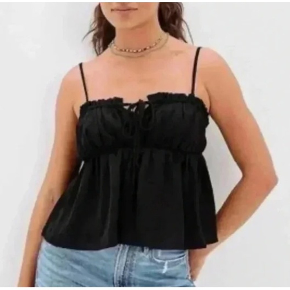 American Eagle Black Ruffle Peplum Cami Top Adjustable Straps Small